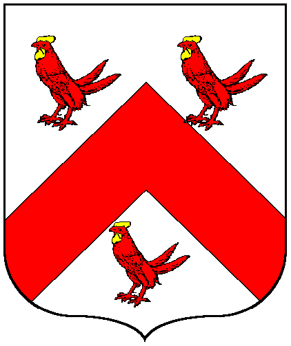 Argent, a chevron between 3 cocks gules, combs and wattles or